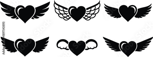 Set of six black silhouette heart icons with varied wing styles including feathered curved and simple wings in flat vector art style isolated on white background