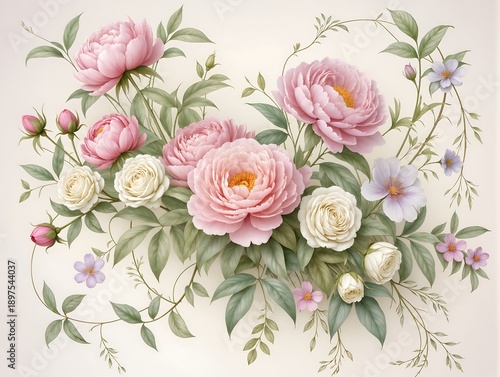 Pastel peony rose bouquet botanical illustration on light background