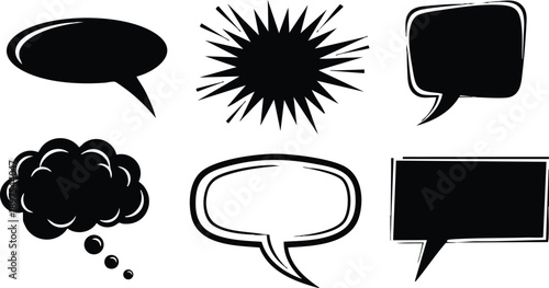 Black hand drawn comic speech bubbles with various shapes in simple vector style isolated on white background including starburst and cloud balloon design
