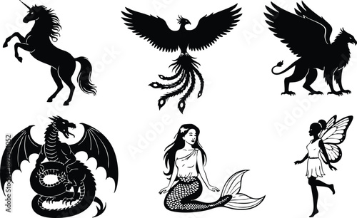 Silhouette vector art of mythical creatures including winged griffin phoenix dragon unicorn mermaid and fairy fantasy theme in black and white design