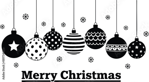 Minimalist black and white hanging christmas baubles close up flat vector art with patterned ornaments snowflakes and underlined merry christmas text in landscape centered silhouette row