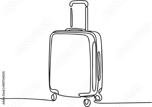 Single line drawing of a wheeled suitcase on wheels with a retractable handle standing upright on a simple floor