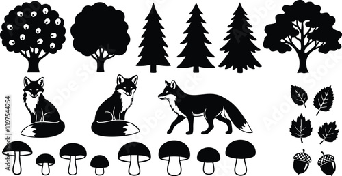 Minimalist silhouette vector art close up three foxes sitting and walking among pine and broadleaf trees mushrooms leaves and acorns black on white background simple set