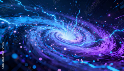 A vector illustration of an explosion of energy waves inside a galaxy in neon blue and purple, swirling with shimmering particles of light.