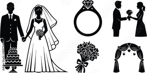 Black silhouette couple holding hands bride in dress with bouquet next to groom in suit and wedding cake plus floral ring couple exchanging flowers with decorative arch vector icons