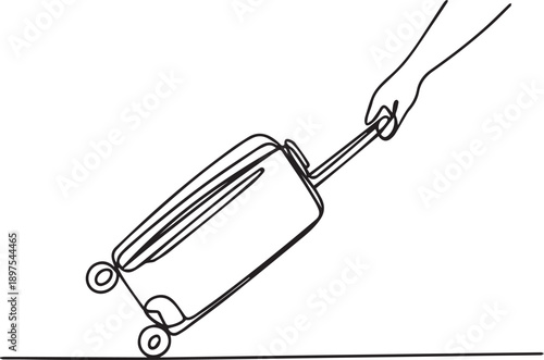 Hand pulling a suitcase on wheels, a simple line drawing illustration of travel preparation