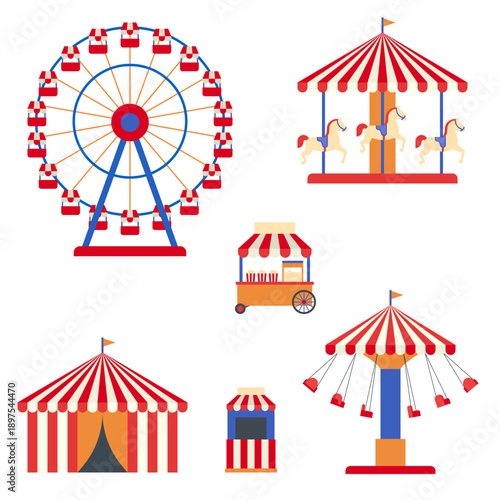 Amusement Park Flat Icon Set with Circus Rides and Attractions