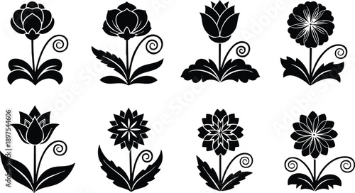 Black silhouette floral vector icons set with eight different stylized blossom designs each with twirling tendrils and leaves in minimal flat style isolated on white background