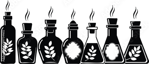 Black silhouette bottles with aromatic steam and leaf patterns in line art style showing different shapes and stoppers in flat design composition