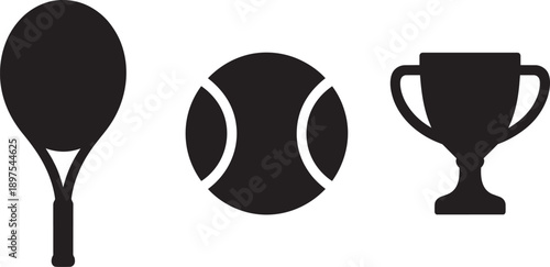 Tennis racket and ball with winner trophy cup icon representing sports championship and victory