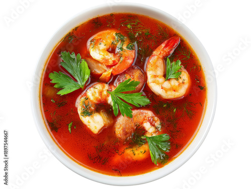 A close-up shot of a bowl of seafood soup, showcasing cooked shrimps and sausage pieces in a tomato-based broth, garnished with parsley Isolated Transparent Background, PNG