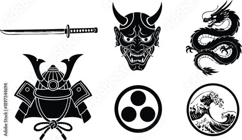 Black silhouette samurai helmet oni mask katana sword japanese dragon wave circle emblem traditional asian icons flat design composition