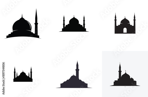 Mosque Silhouette Collection, Islamic Architecture, Black and White Vector Illustration