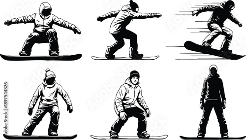 Black and white vector art of six snowboarders performing different riding poses including crouching standing and jumping viewed from various angles showing winter sports action and motion