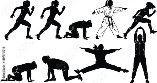 Silhouette vector set of female athletes running stretching jumping and performing martial arts in dynamic poses isolated on white background
