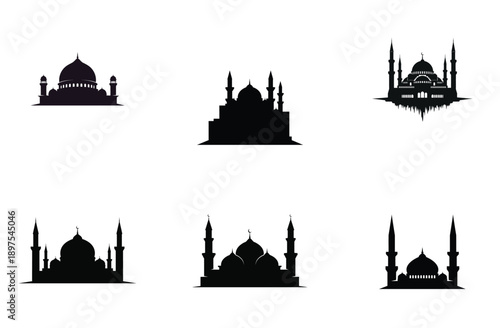 Mosque Silhouette Set, Islamic Architecture, Black Silhouettes Vector Illustration