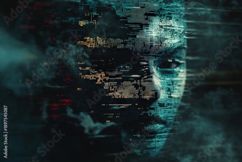 Glitched digital portrait of a human face with neon code and cybernetic textures