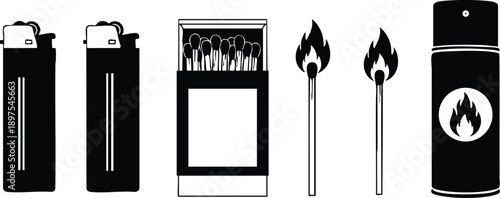 Minimalist vector art close up of two disposable lighters matchbox and struck matches with spray can flame symbol arranged in horizontal row on white clean background