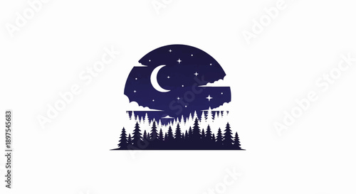 Silhouette of pine trees under a crescent moon and stars in a gradient sky