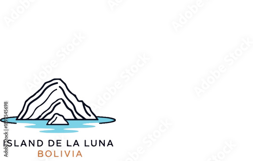 Stylized depiction of a mountainous island surrounded by water, with text below