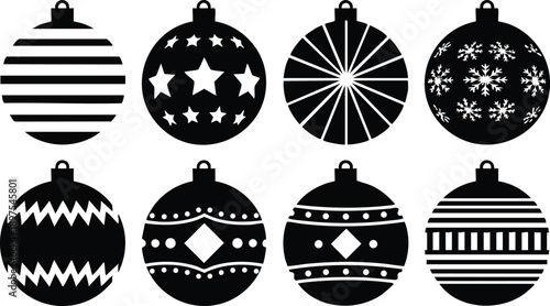 Black and white vector art of eight christmas baubles in various striped star and snowflake patterns isolated on white background festive holiday decor silhouettes