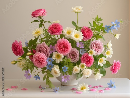 Romantic floral bouquet with peonies roses and wildflowers