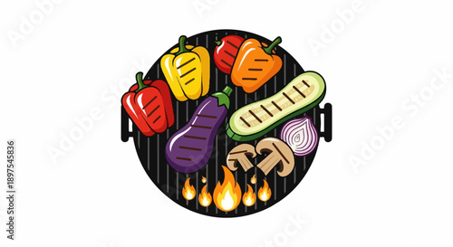 Assorted colorful vegetables cooking on a grill over flames