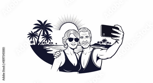Couple takes beach selfie with sun, palms, and ocean in background