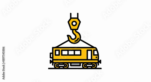 A yellow train car is suspended by a crane hook, with wheels visible below