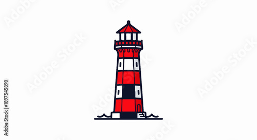 A red and white striped lighthouse stands tall against a white background with a few wavy lines representing water at its base