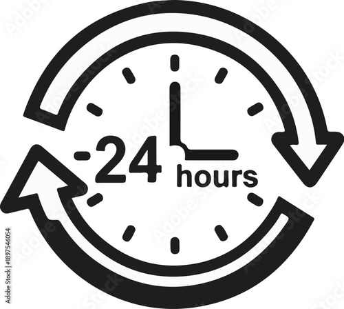 A circular clock face with arrows indicating continuous operation, labeled "24 hours