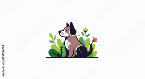 A stylized illustration of a dog sitting amidst green plants and flowers