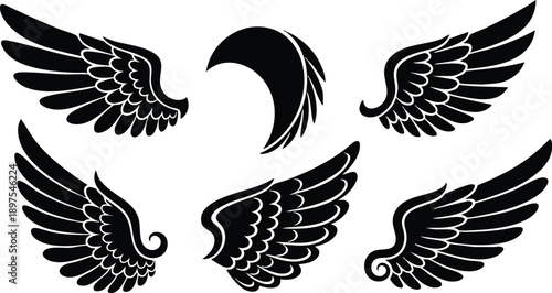 Black silhouette wings set various designs isolated on white background collection of angel feather shapes for decoration and fantasy elements vector art