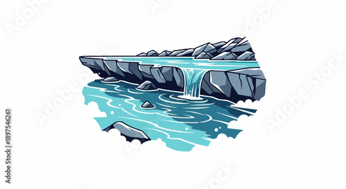 A pixelated landscape featuring a cascading waterfall flowing over rocky terrain into a serene body of water