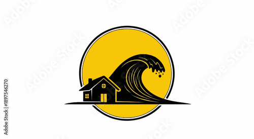 A silhouetted house faces a large, powerful wave within a yellow circle