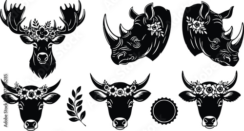 Black silhouette animal heads with floral crowns including moose rhinoceros and bull set in minimalist vector style with decorative nature elements