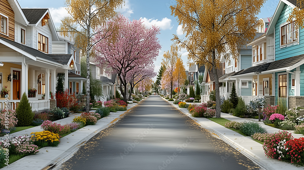Obraz premium Street of an average American town. Day. Wide alleys, private sector, family houses, well-groomed territory. Copy space. Realism. Stock photo. High detail