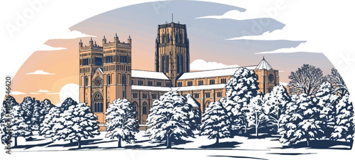 A winter scene unfolds with a grand, snow-dusted cathedral nestled among frosted trees under a soft, sunset sky