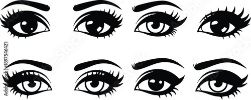 Monochrome vector art featuring eight different stylized female eyes with various eyeliner shapes and thick lashes in close up arrangement bold black and white design