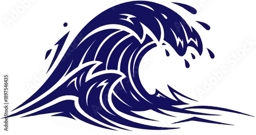 Stylized navy blue wave cresting with spray against a white background