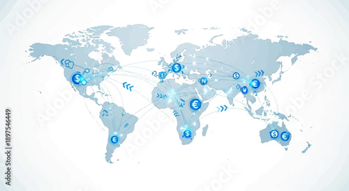 Global financial network connecting continents with currency symbols and arrows