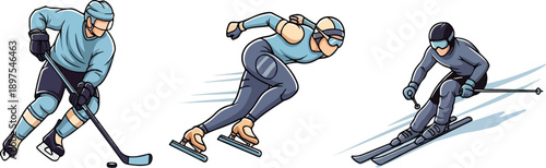 Three cartoon athletes in winter sports hockey, speed skating, and skiing, all in blue attire