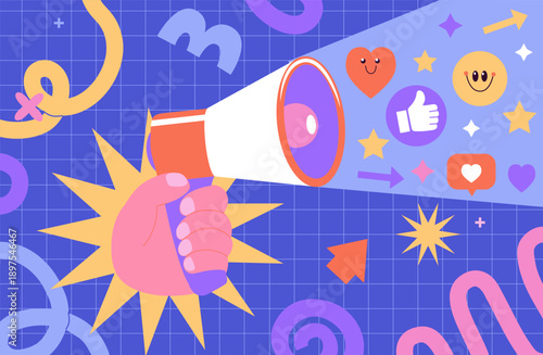 Megaphone with social media emoji-hearts, likes, smiles, thumb up on fun childish background. Online marketing and influencing via mobile devices. Template for advertise, announce, marketing. Vector
