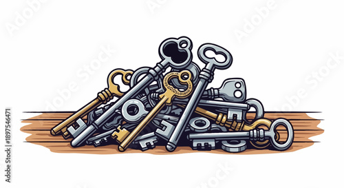 Pile of vintage keys, gold and silver, on a wooden surface, isolated on white