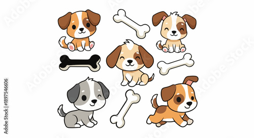 Adorable cartoon puppies in various poses with bone toys