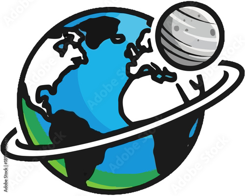 Cartoon earth with a striped moon orbiting