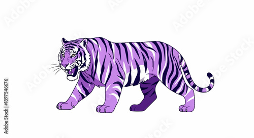 A stylized pixelated tiger with purple and dark purple stripes walks
