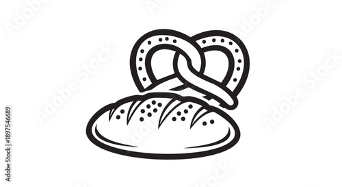 Hand drawn pretzel with two horseshoes for good luck symbol