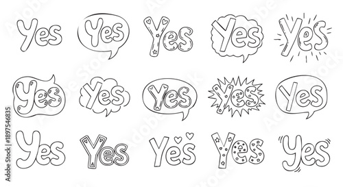 Hand drawn yes doodles with various expressive styles and emotions