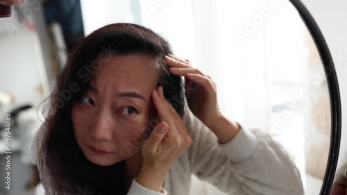 Sad Asian middle aged woman having her hair trouble in the living room.